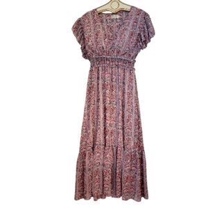 Molly Bracken Red Floral Paisley Print Chiffon Maxi Dress Smocked Waist